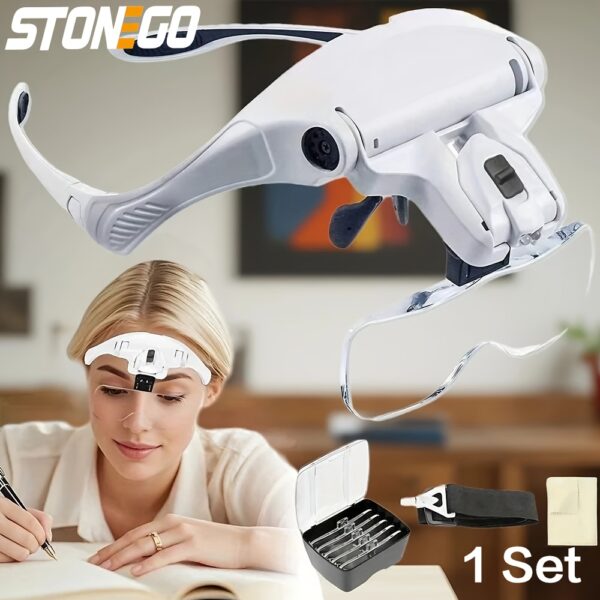 Head-Mounted Magnifier - LED Illumination, Adjustable Headband, Battery Powered with 5 Interchangeable Lenses 1.0X, 1.5X, 2.0X, 3.0X, 4.0X for Reading, Repairing, Jewelry Making, Electronics Maintenance, and Fine Work - Lightweight Comfort, Includes Lens
