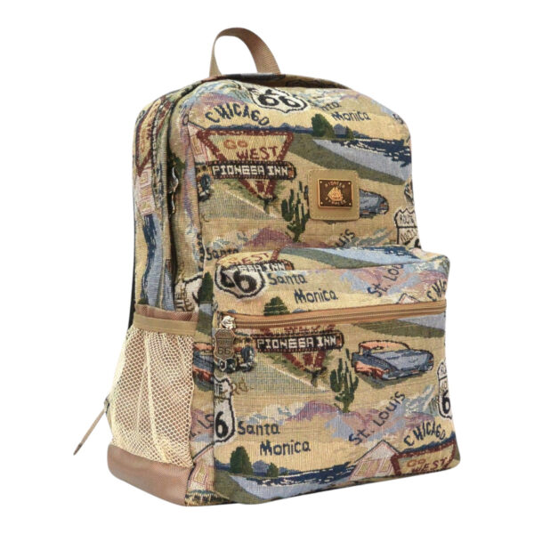 Vintage-Inspired Route 66 Tapestry Backpack with Spacious Main Compartment, Comfortable Adjustable Straps, Durable and Lightweight Material, Unique Retro Design for Travel, Work, or School, Multipurpose Daypack with Convenient Front Zippered Pocket, Dual